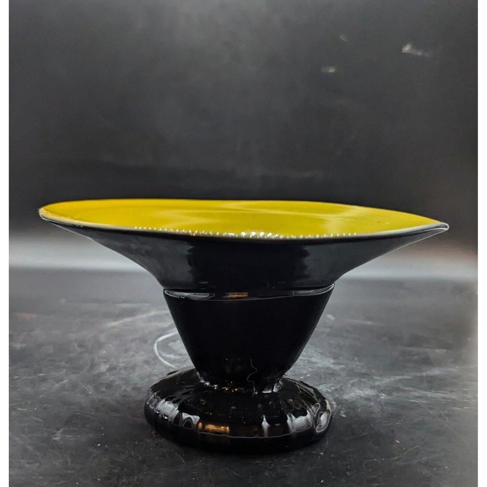Vintage Bohemian Tango Glass Yellow Black Footed Bowl Compote 6.75"